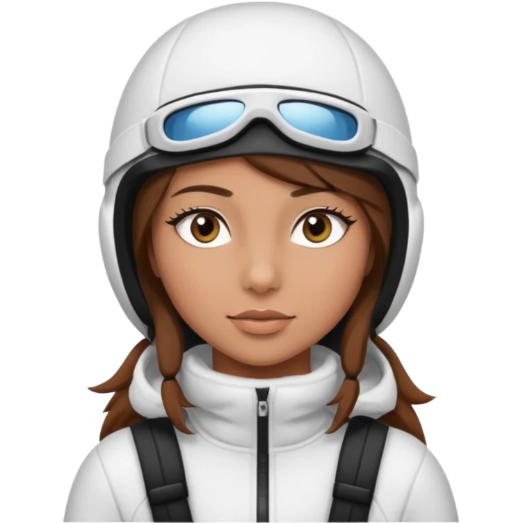 girl with brown hair and eyes and tan skin pretty long eyelashes skiing white iutfit white ski mask emoji