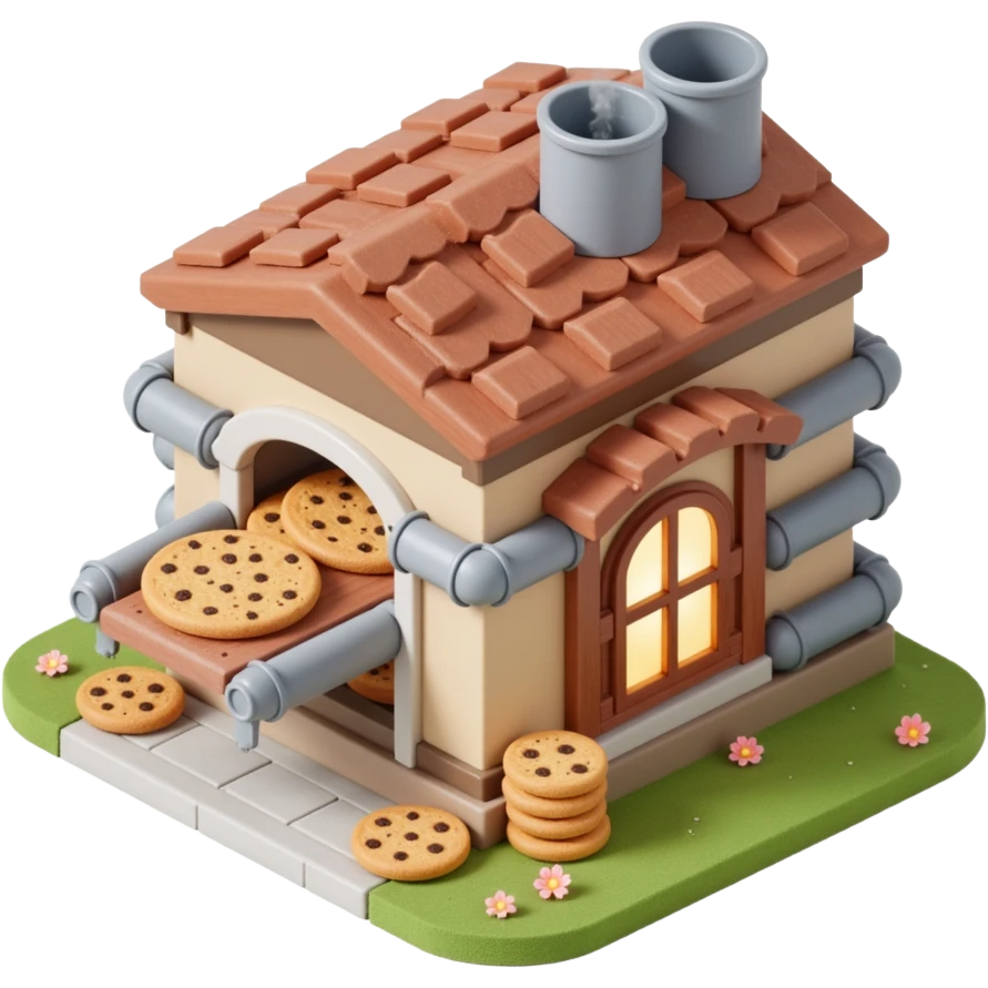 Exterior of a cartoon-style cookie factory, large front window showing conveyor belt with cookies, steam vents on the roof, metal pipes wrapping around the building emoji