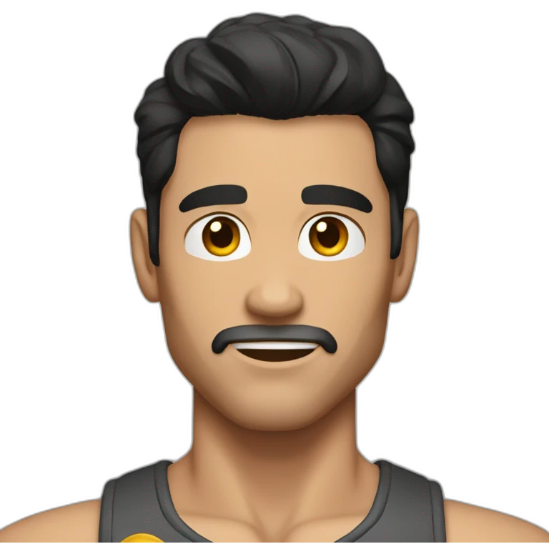 Muscular man, very dark hair with parted short hair. emoji