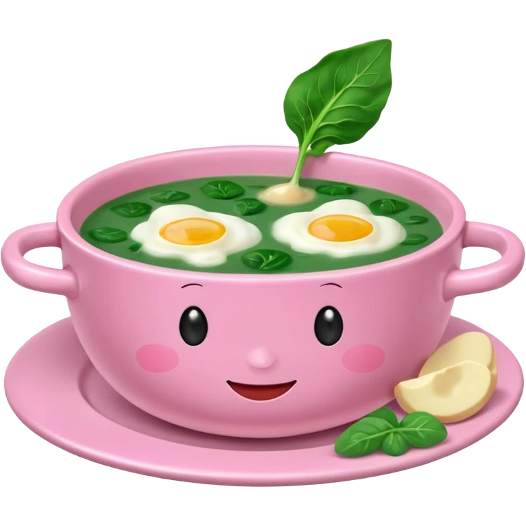 pink soup with egg and greens inside, boiled potatoes by its side, happy face emoticon emoji