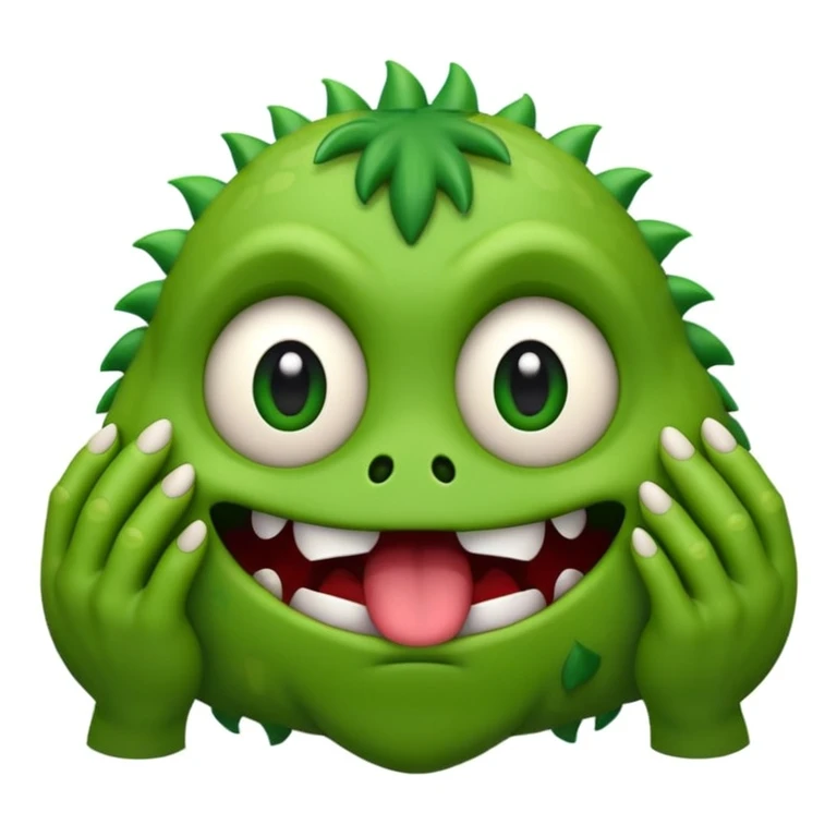 bashful monster emoji hiding its face with claws, peeking out with nervous scared eyes, small trembling mouth emoji