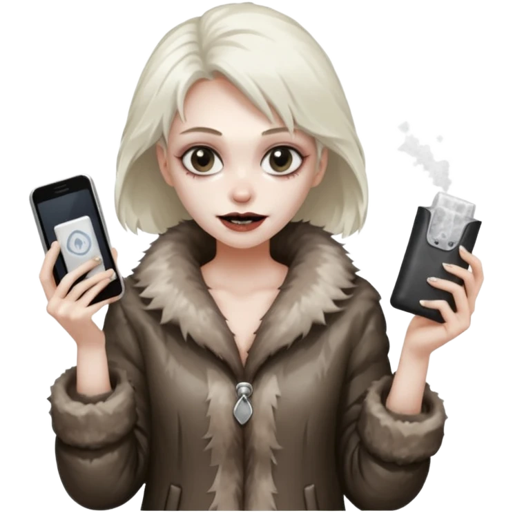 she is wearing a fur coat and has a transparent tiny, small  plastic bag full of white powder, and her phone in the other hand, she has lost so much weight, she looks evil , she has an evil grin emoji