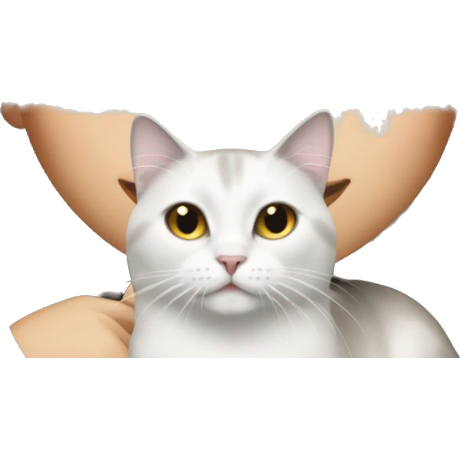 Brunette girl with straight long hair with braun eyes with grey and white cat emoji