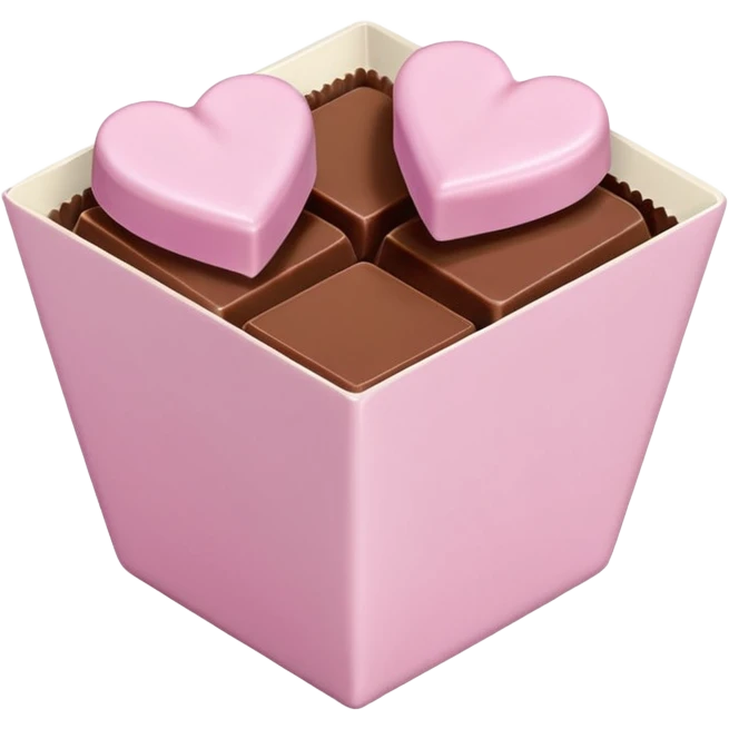 Two square milk chocolate pralines only, Each praline is a sharp-edged cube with smooth glossy chocolate coating, placed in a small white fluted paper candy cup. On top of each cube is a flat pastel pink heart-shaped icing, thin and smooth, slightly translucent, with fine sugar crystal sparkle. emoji