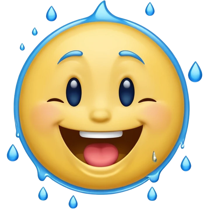 Emoji, yellow round laughing hysterically face, with blue tears of joy on it.  emoji