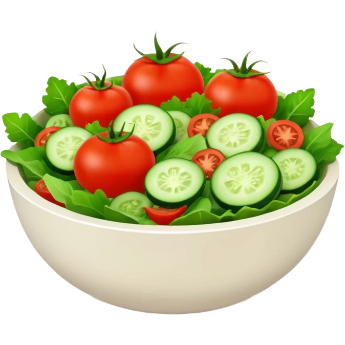 Salads avatar in clean emoji-style illustration. Fresh salad bowl with greens, tomatoes, cucumber, bright green tones, simple shapes, flat design, high contrast, light and healthy. emoji