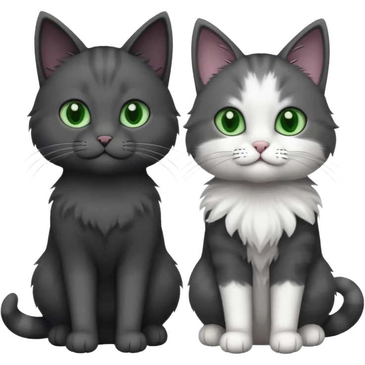 one dark grey and white cat and one completely solid dark grey cat with green eyes and only white paws emoji