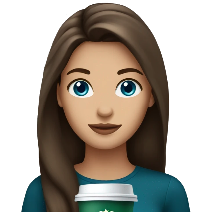 Brunette with long hair and blue eyes and Starbucks coffee emoji