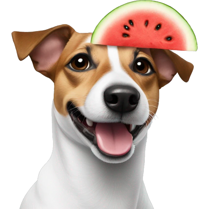 a jack russel with a watermelon on his head emoji