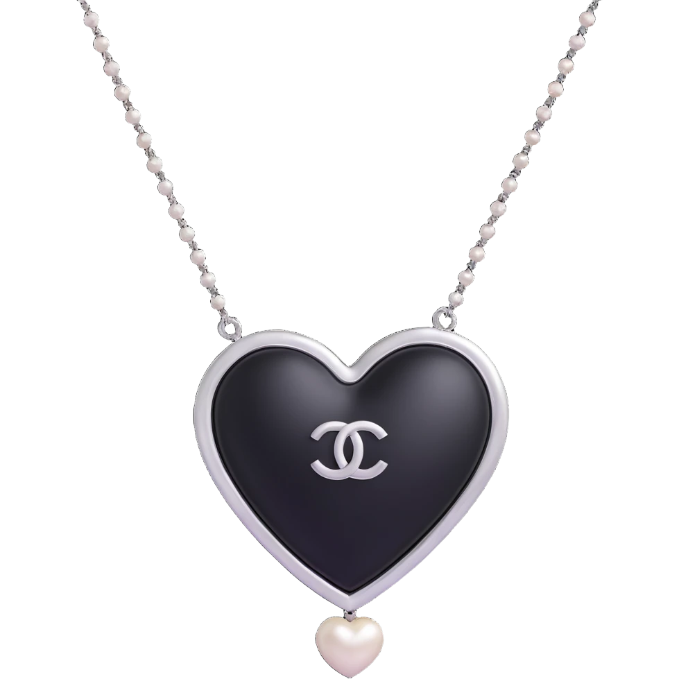 shiny black heart, pearl necklace border, silver Chanel logo in the middle, elegant, black and white palette emoji