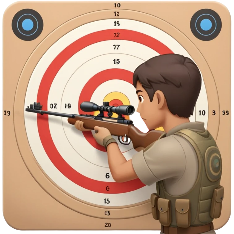 A focused marksman aiming at a target with a rifle, displaying perfect form and concentration. The background includes a target board with concentric rings, emphasizing accuracy and precision in a competitive shooting environment emoji
