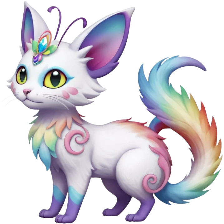 Pure-snow-White albino iridescent with pastel rainbow-gradients-color-markings with swirly patterns butterflies  faerie-Noivern-Noibat-Purloin-Torracat-Lykoi-Caracal-cat-Fakemon-fusion-hybrid-creature emoji