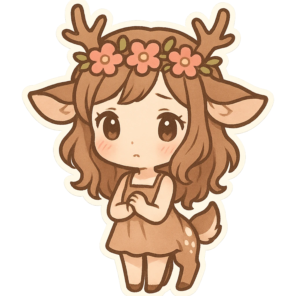 chibi stickers style deer girl with antlers and a flower crown, gentle and shy emoji