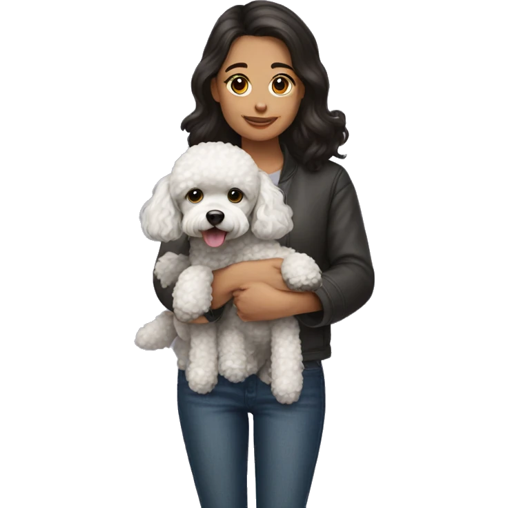 Girl with dark hair and toy poodle dog emoji