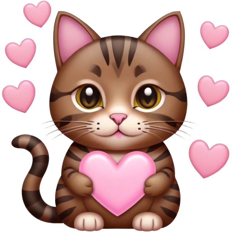 Dark brown tabby cat with multiple light pink hearts around it emoji