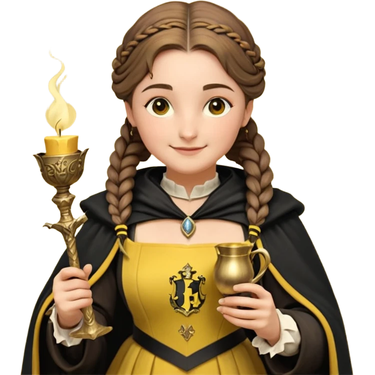 Helga Hufflepuff,the Hogwarts founder of Hufflepuff,brown-haired,2braids,yellow-black medieval dress with black cloak decorated with gold braiding,flickering magic wand and tiny two-handled shiny gold cup engraved with the badger silhouette,very kind smile,curvy busty sweet emoji