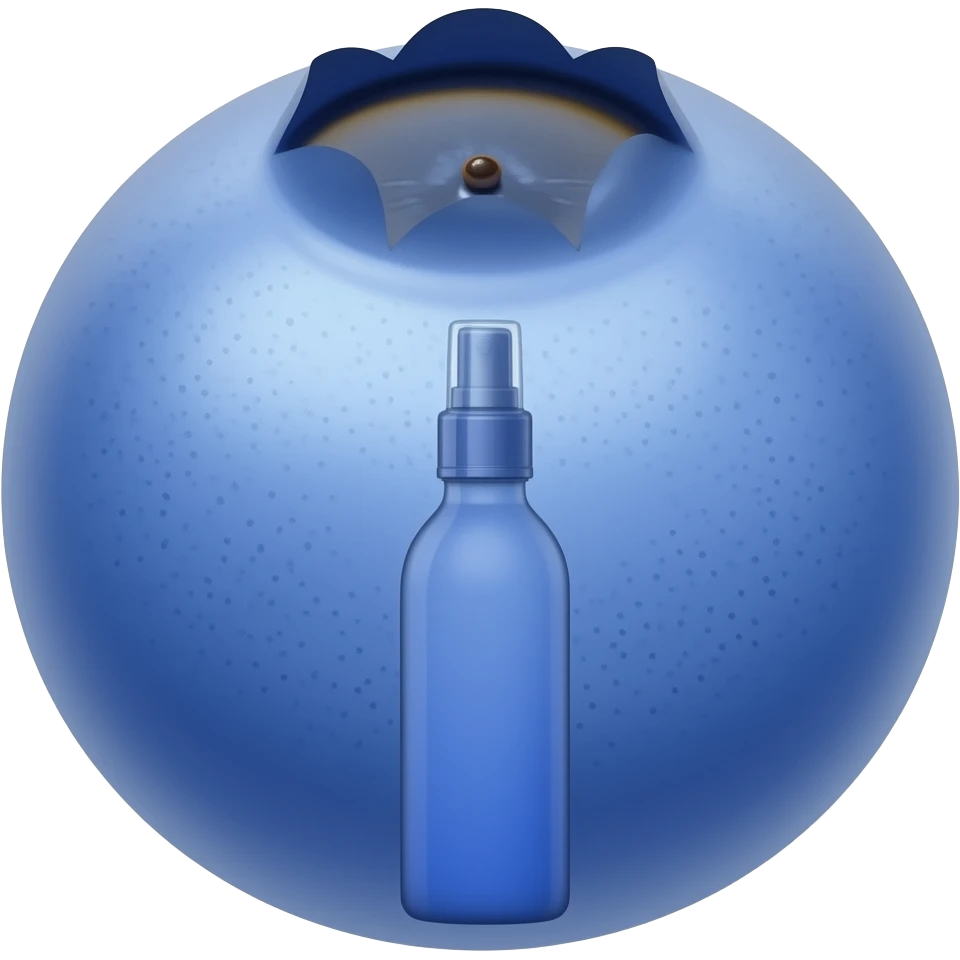 Spray frasco azul para cuidados com a pele estampado com um 🫐 emoji
