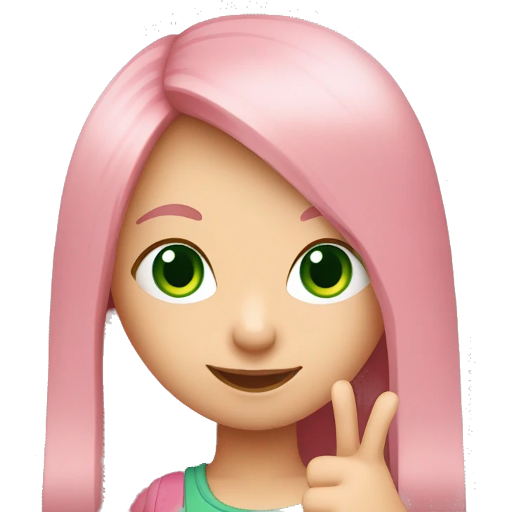 fair-skinned green-eyed girl with straight long pink hair shows thumbs up emoji