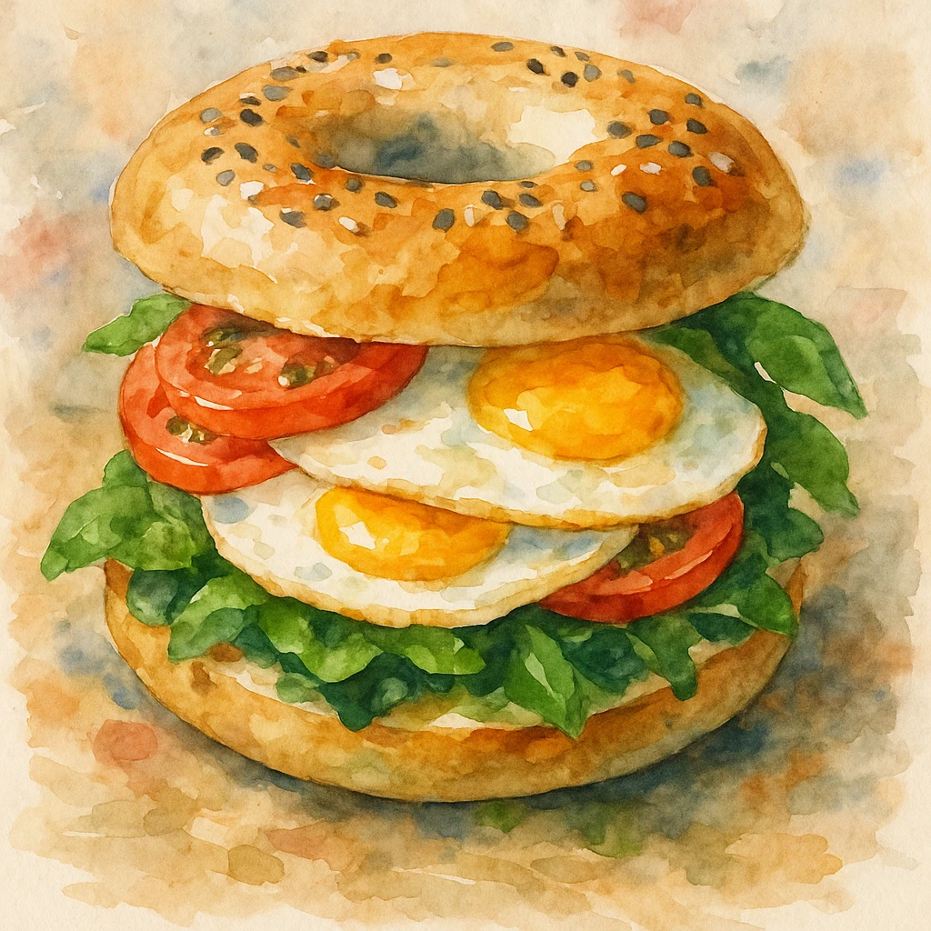bagel sandwich with eggs and vegetables, watercolor texture, Pinterest food photo style emoji