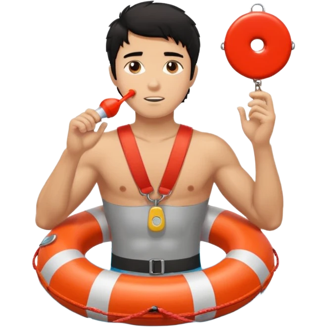 Tan Muscular lifeguard teen boy with rescue buoy and whistle messy black hair emoji