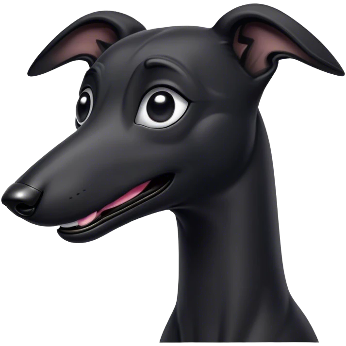 Cinematic Comical Black Greyhound Portrait Emoji, Head tilted dramatically with an exaggeratedly amused expression, featuring a glossy jet-black Fur and wide, expressive dark eyes filled with playful disbelief, Simplified yet hilariously expressive features, highly detailed, glowing with a slightly sassy glow, high shine, dramatic yet playful, stylized with an air of cheeky mischief, bright and endearing, soft glowing outline, capturing the essence of a spirited and over-the-top racer, so meme-worthy it feels like it could side-eye its way into internet fame instantly! emoji