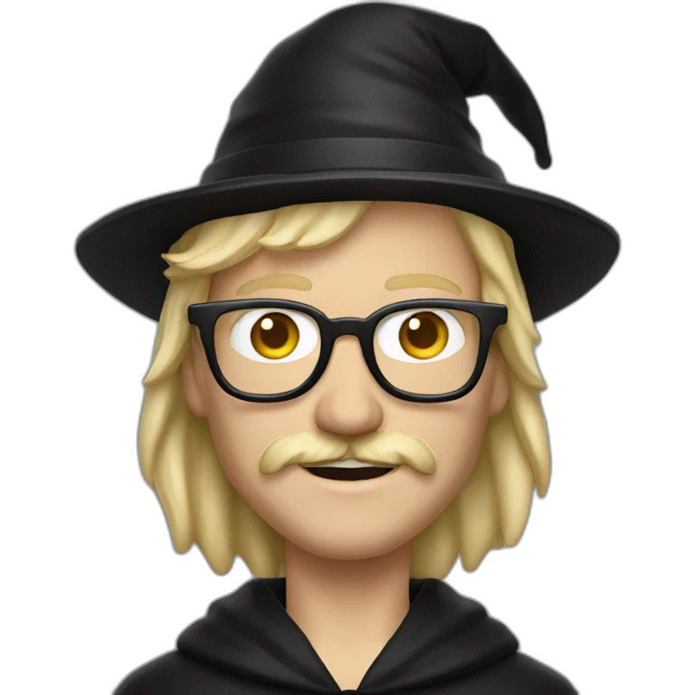 A man with blond hair and a mustache, wearing a black squared shaped eye glasses, wizard hat, black  robe emoji