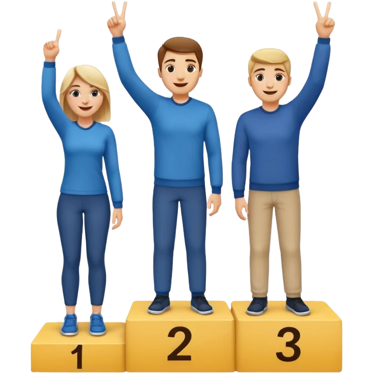 winners podium with three people, numbers 2, 1, 3 left to right, all in relaxed casual clothes, center person on 1 step raising one finger on each hand, cheerful expressive friendly emoji style emoji