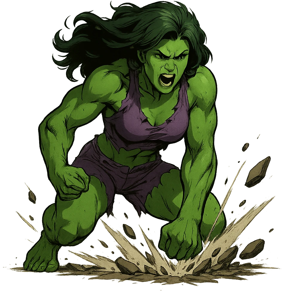 angry woman Hulk smashing the ground, green skin, muscular build, torn purple clothes emoji