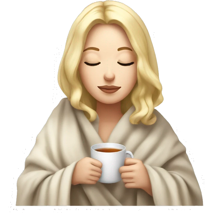 White Girl with blonde hair sipping tea with eyes closed and blanket around head emoji