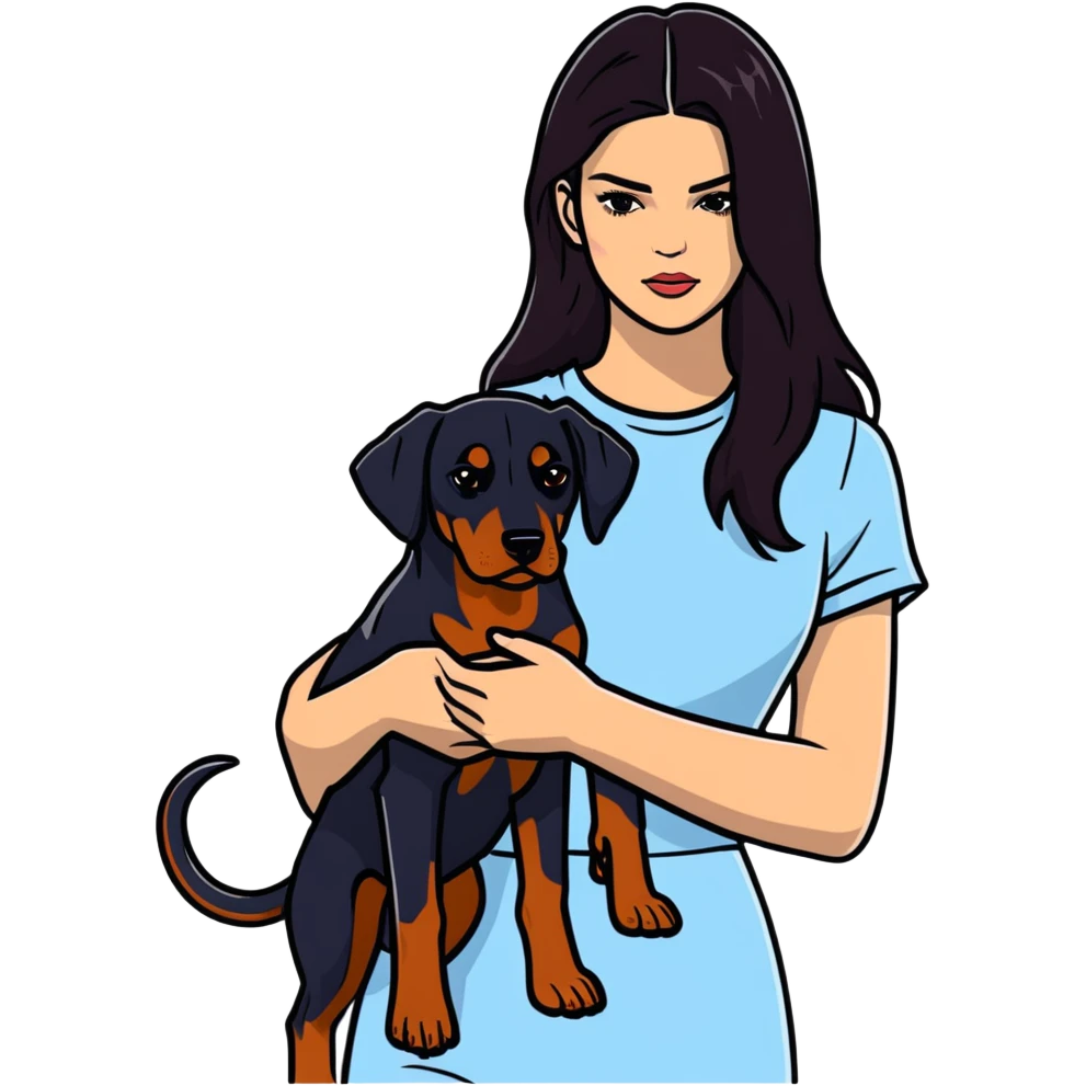 Kendall Jenner with long dark hair holds a Doberman Pinscher in her arms emoji