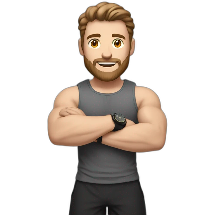 Close up Actively gesturing  with hands Pale skinned Fit Man With the biceps and brown hair in dark gray Sleeveless Mike, black oversize sports shorts, watch and white Sneakers emoji