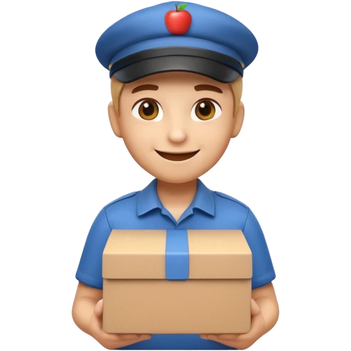 3D Apple-style emoji of a delivery worker holding a cardboard package. Wearing a cap and uniform shirt, smiling expression. Rounded, glossy, smooth, soft shadows, white background.




 emoji
