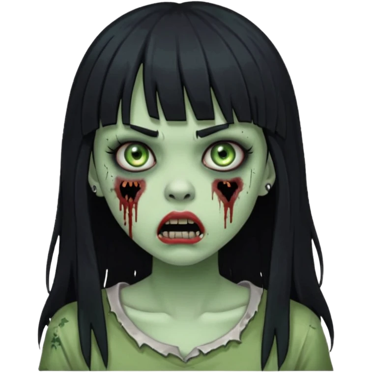 Girl with black hair and bangs, side mouth piercing scared in the form of a zombie emoji