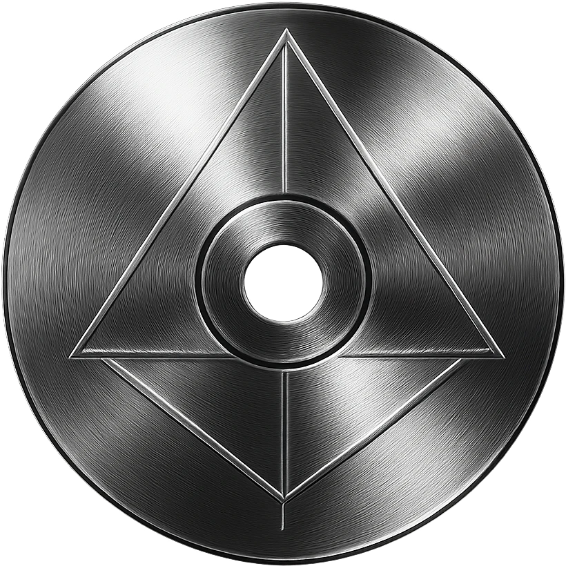 A minimalist CD disc with geometric pattern, glowing effect, purple color emoji