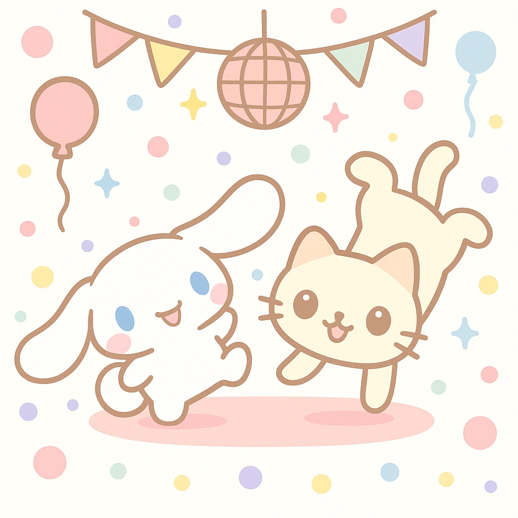 Cinnamoroll and a cat breakdancing at a party, kawaii style, playful, fun atmosphere, party decorations emoji