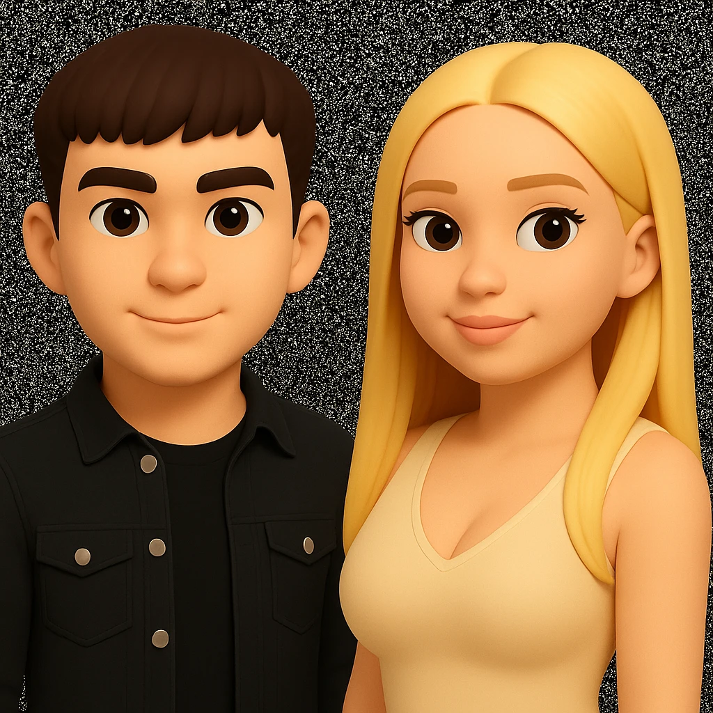 In the style of 3D Emoji, slightly increase the volume of the upper body of the girl, separate the girl and the boy from each other, and make the skin color the same for both characters. Maintain the 3D Emoji style characteristics. emoji