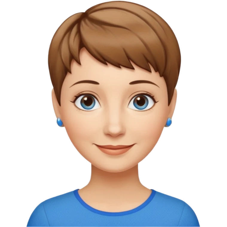 Frau, helle Haut, brauner Pixie schnitt mit dunkelblonden Spitzen, blaue Augen, mittleres alter emoji