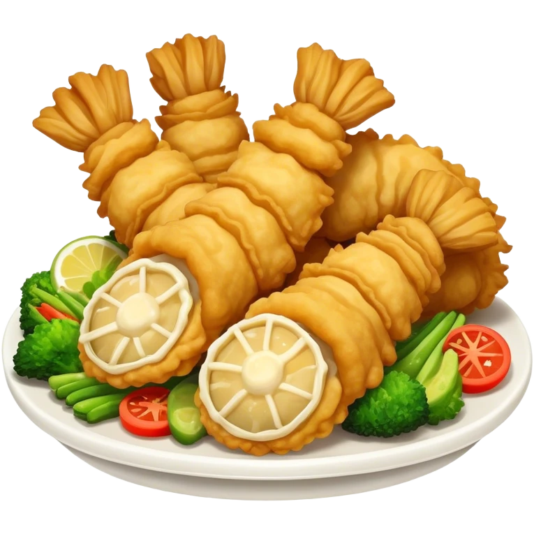 Tempura Cinematic Realistic Tempura Dish Emoji, depicted as extra crispy, lightly battered seafood and vegetables, rendered with vivid textures and dynamic, bright lighting. emoji