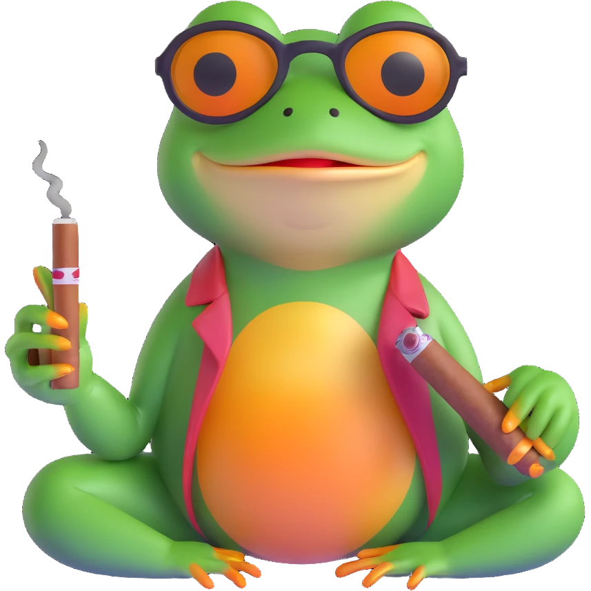 detailed frog with ray bans and cigar, satisfied look emoji