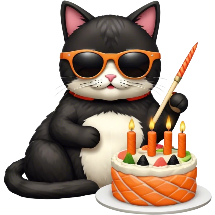 cool cat wearing sunglasses eating a birthday cake made out of sushi emoji