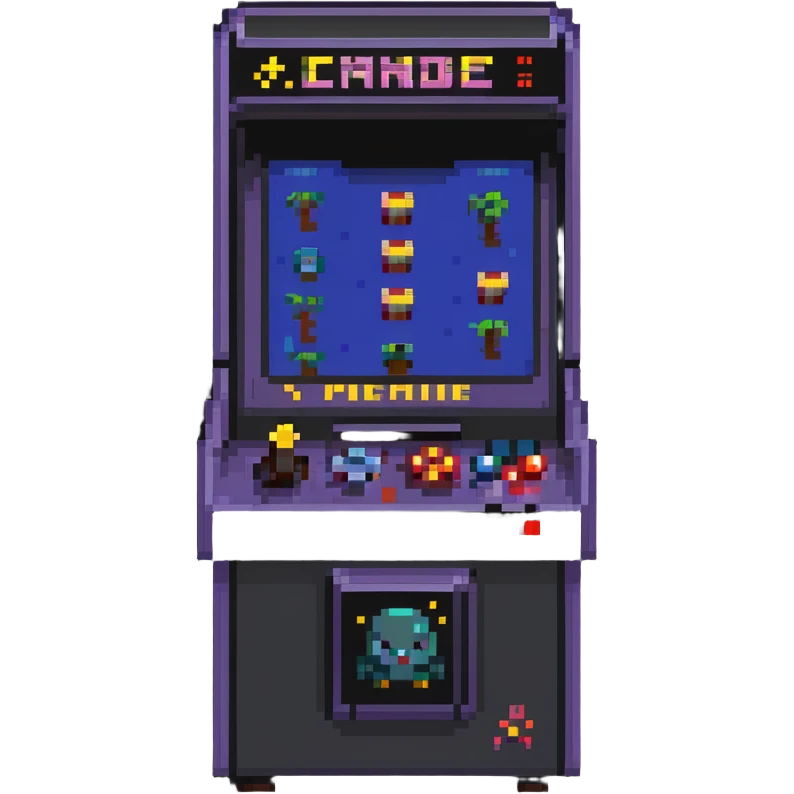 A retro pixel art arcade machine with 8-bit game characters on screen emoji
