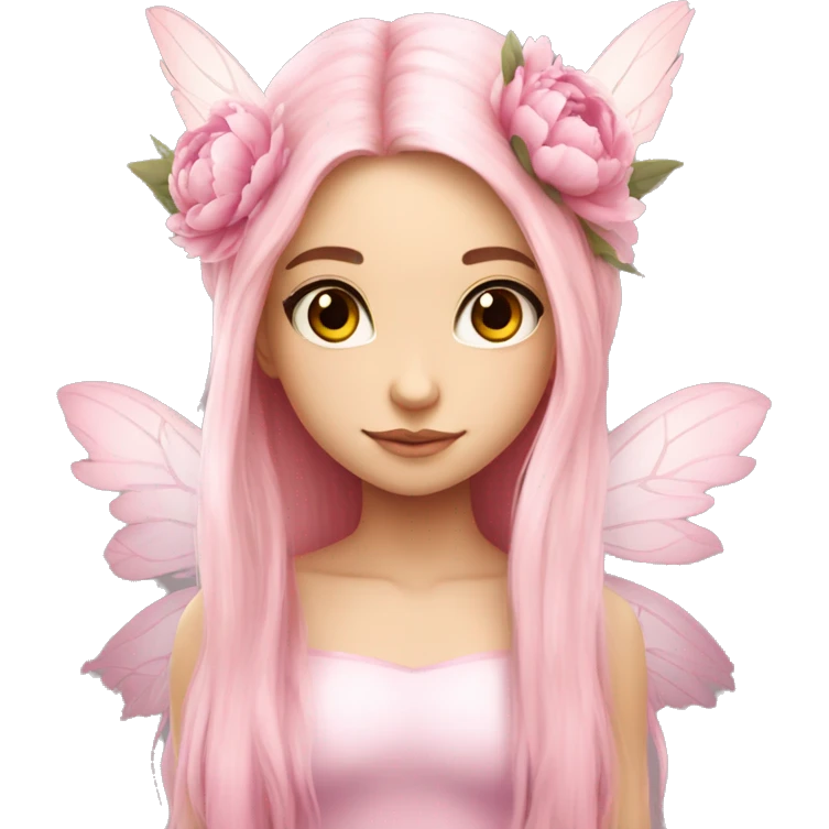 Beautiful, peony, fairy, light pink, long hair, big wings, fair skin emoji