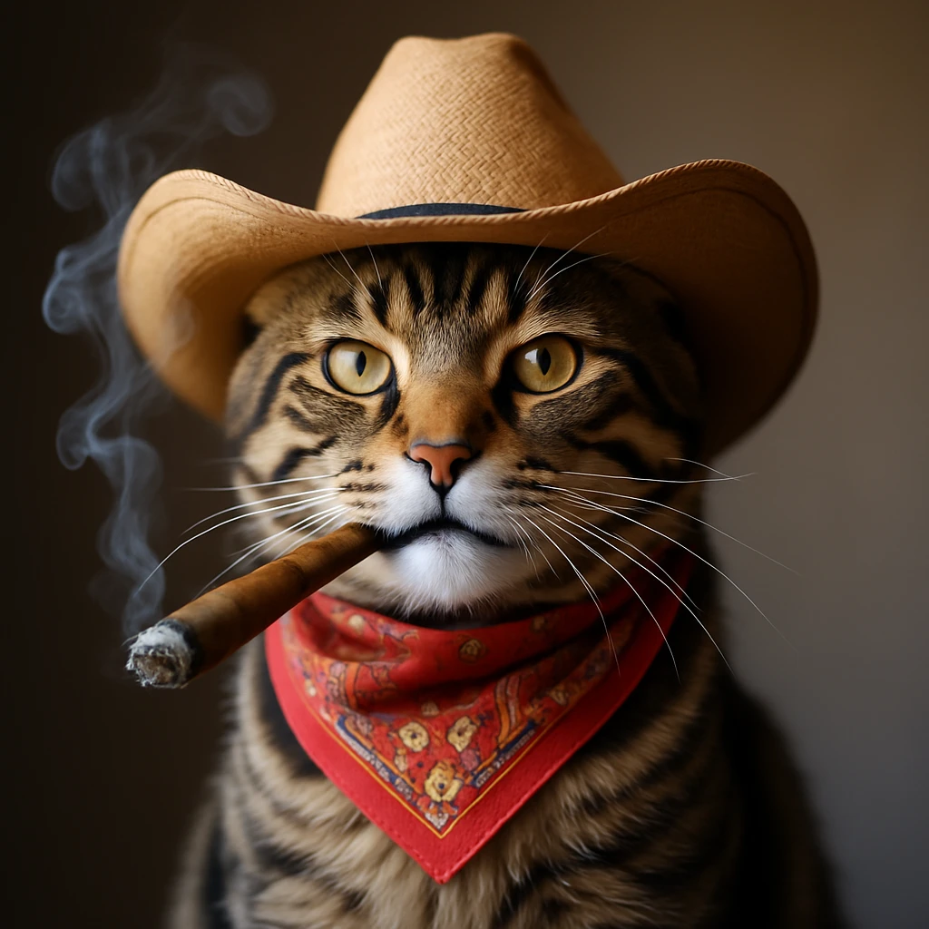 Make the cigar lit and the cat smoking with visible smoke in a realistic style. emoji