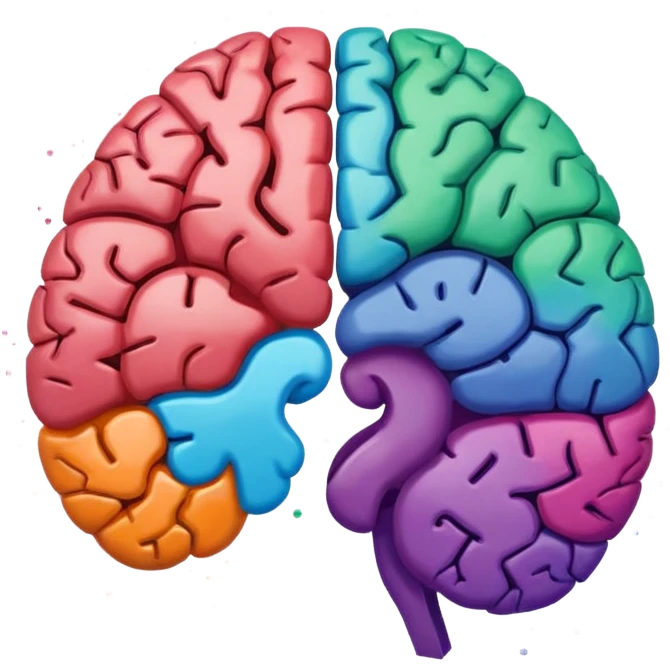 Un cerebro dividido a la mitad; el lado izquierdo está formado por puntos y ceros (0101), y el lado derecho por manchas de pintura de colores vibrantes. emoji