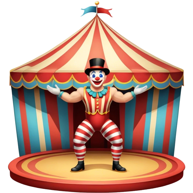 Icon for Circus Arts: a vibrant round circus arena with a strongman in a striped costume,  juggler and a clown performing. The icon should convey the excitement and fun of circus performances, with focus on the performers and the colorful setting. Transparent background. emoji