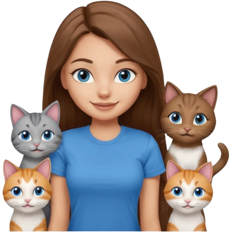 a pretty bratz dusky light skin girl with long brown hair, blue eyes with six cats nd wearing a grey tshirt emoji