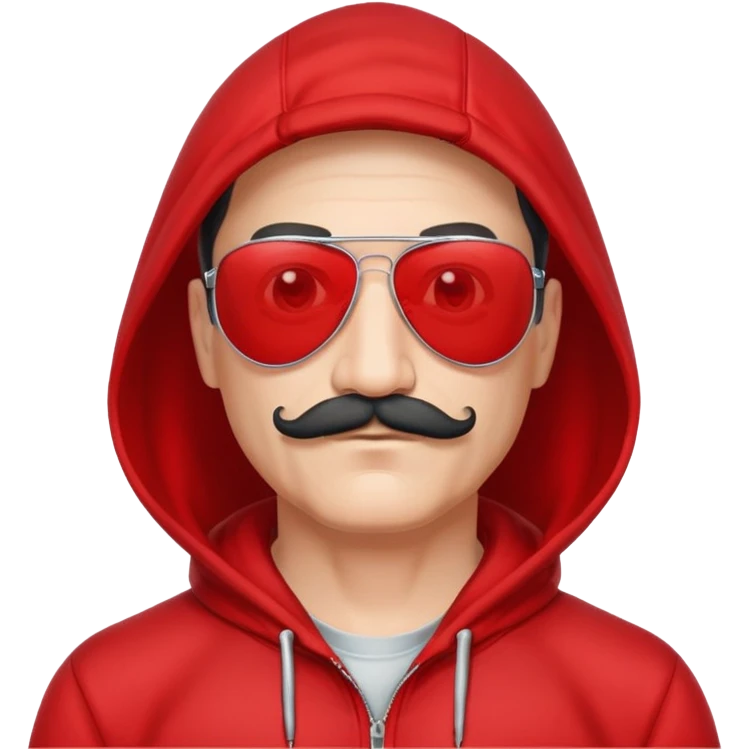 50-year-old man with a thin mustache, black aviator sunglasses, wearing a red hoodie with hood up emoji