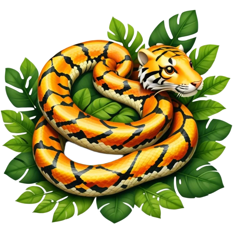 Tiger python coiled up on the ground, blending with the dense jungle foliage. Its distinct orange and black stripes stand out against the vibrant green of leaves and plants. Sunlight filters through the trees, highlighting the snake's patterned scales. Transparent background. emoji