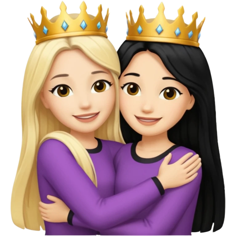 Two queens with long black hair and blonde  hugging. emoji