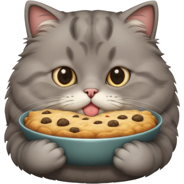Gray cute cat eating food with cheeks full fat very very fat  emoji